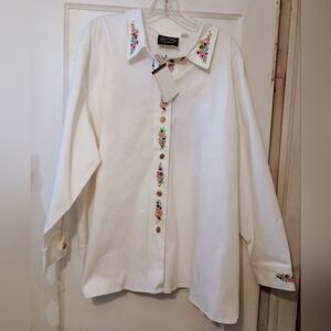 Y2K Bob Mackie Wearable Art White Embroidered Button-Up Shirt Maypole Dance 3X